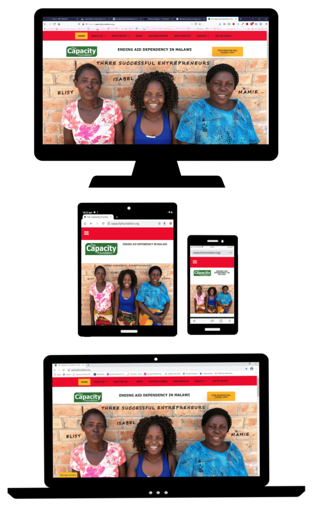 Collage of Capacity Foundation charity website home page shown on desktop, laptop, tablet and mobile phone.