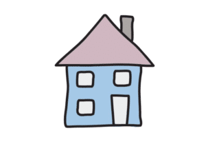 House in pale blue with dark pink roof.