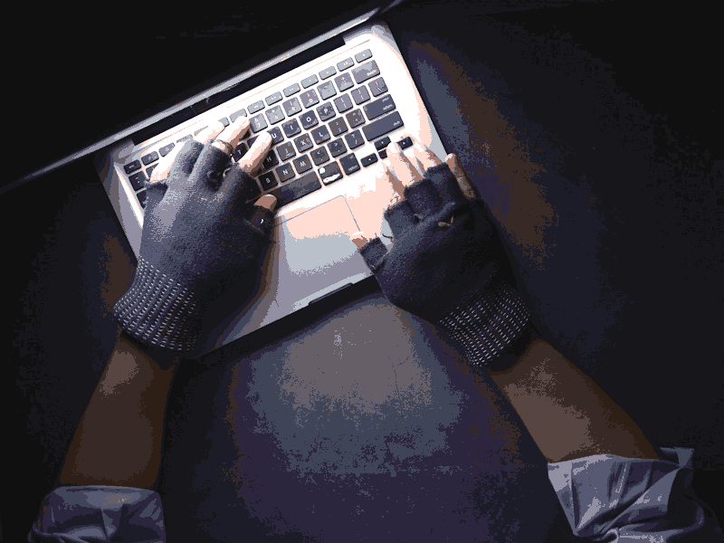 Person in fingerless gloves using laptop.