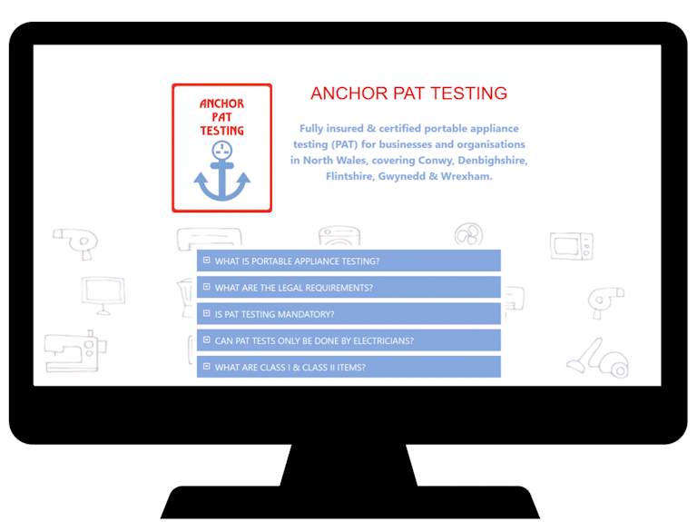 Mock up of home page of Anchor PAT Testing website on pc screen.