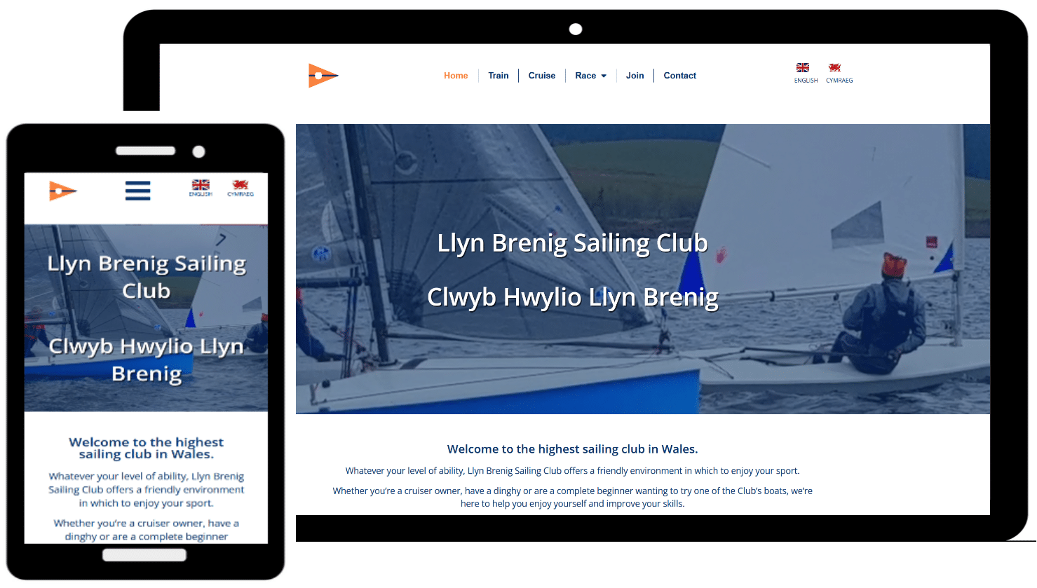 Mock up of home page of Llyn Brenig Sailing Club website on laptop screen and mobile phone.