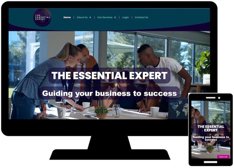 Mock up of home page of website for The Essential Expert on laptop screen and mobile phone.
