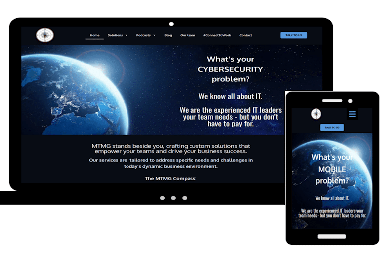 Mock up of home page of MTMG website on pc screen and mobile phone.