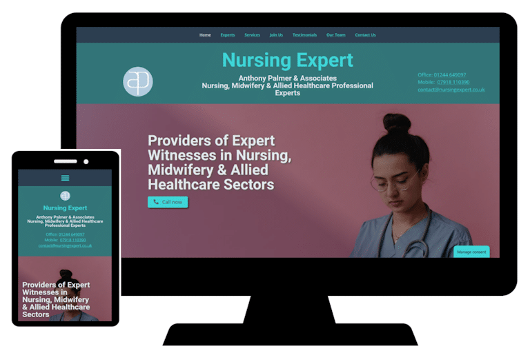 Mock up of home page of Nursing Expert website on pc screen and mobile phone.