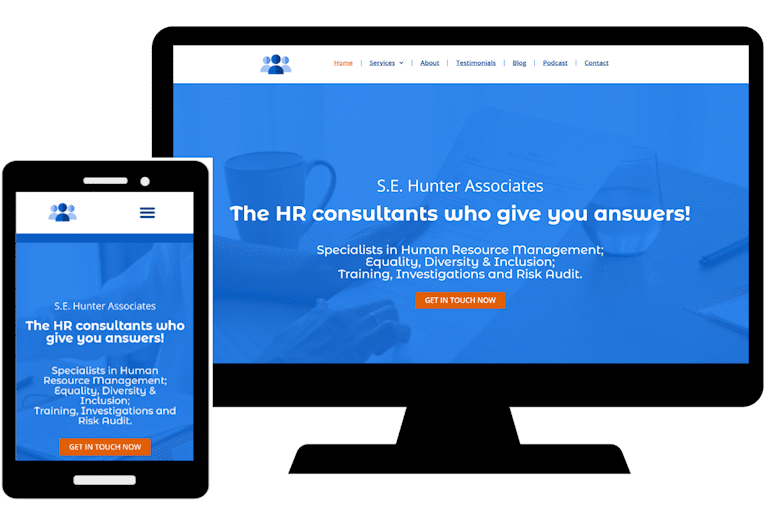 Mock up of home page of SE Hunter Associates website on pc screen and mobile phone.