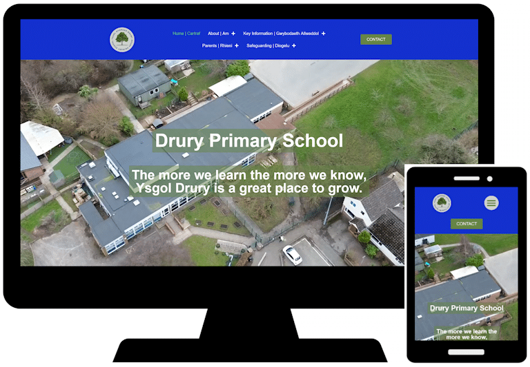 Mock up of home page of Drury Primary School website on pc screen and mobile phone.