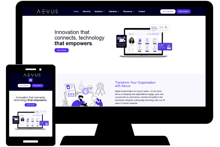 Mock up of home page of Aevus website on pc screen and mobile phone.