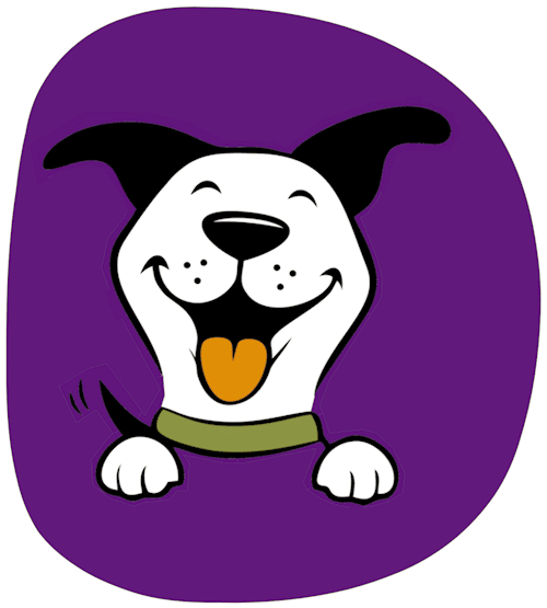 DoodlyDog logo: smiling dog face on purple background in shape of a stylised, rounded, letter D.
